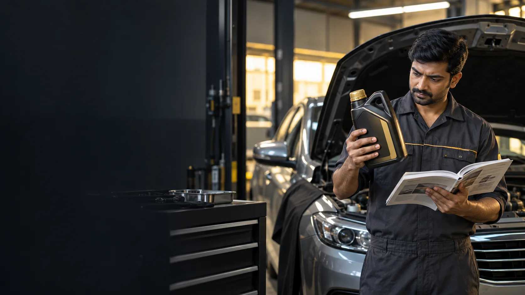 Mechanic comparing engine oil with a vehicle manual in a service bay