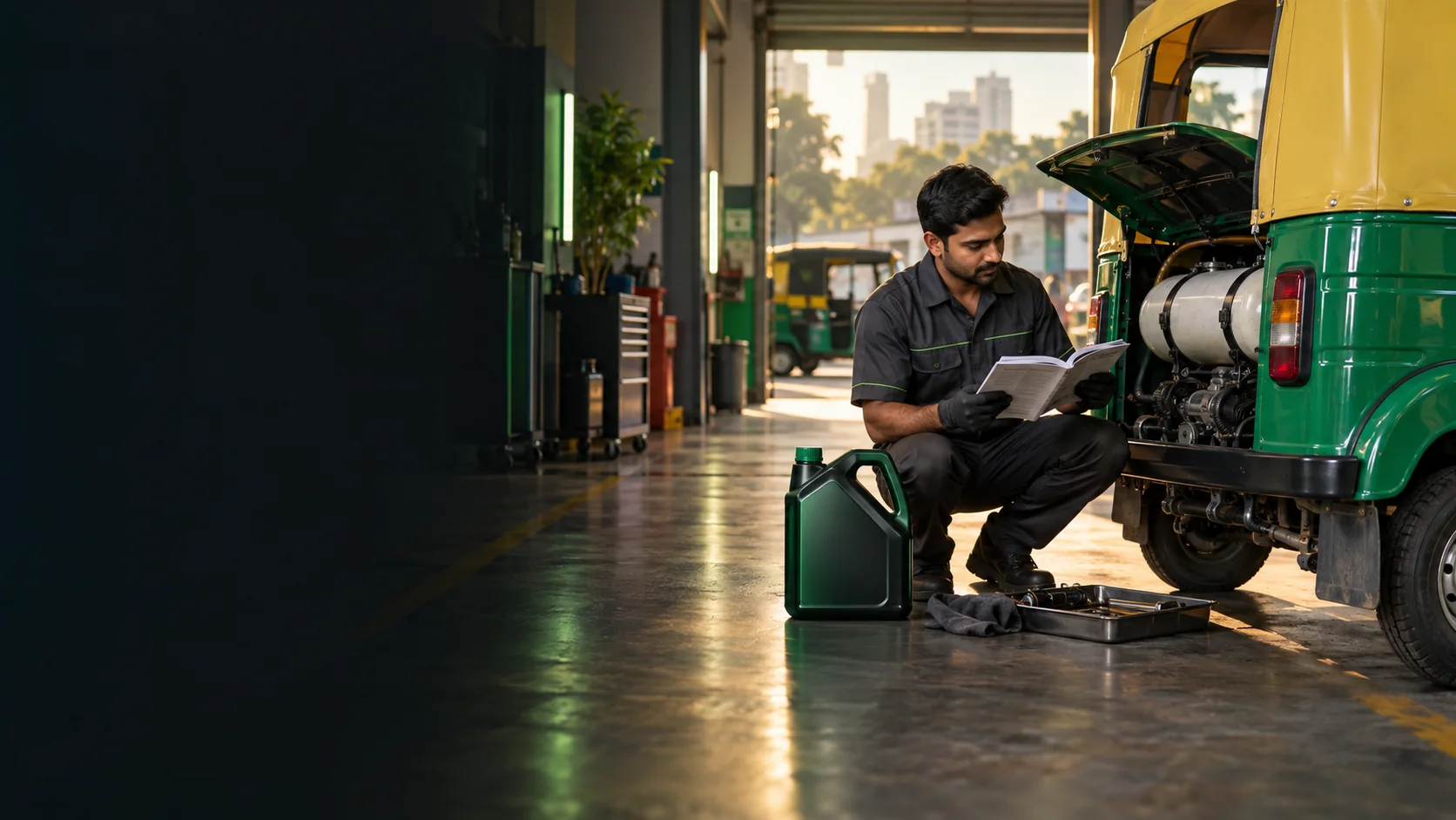 Technician reviewing a CNG auto-rickshaw in a service bay