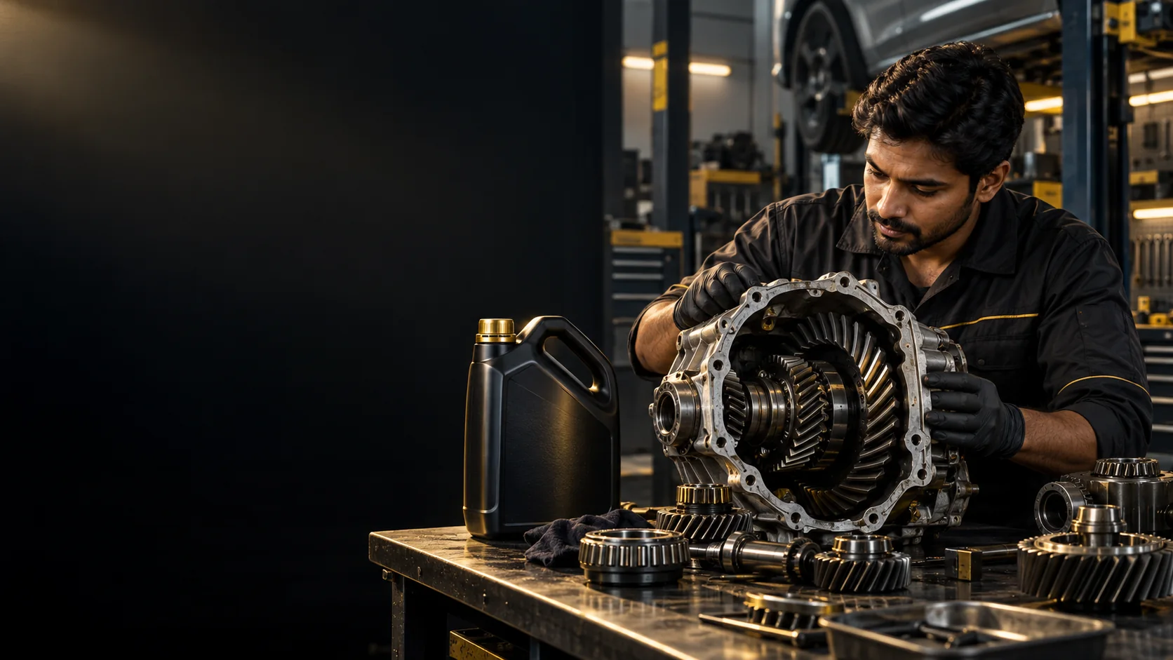 Technician inspecting a drivetrain component in a workshop