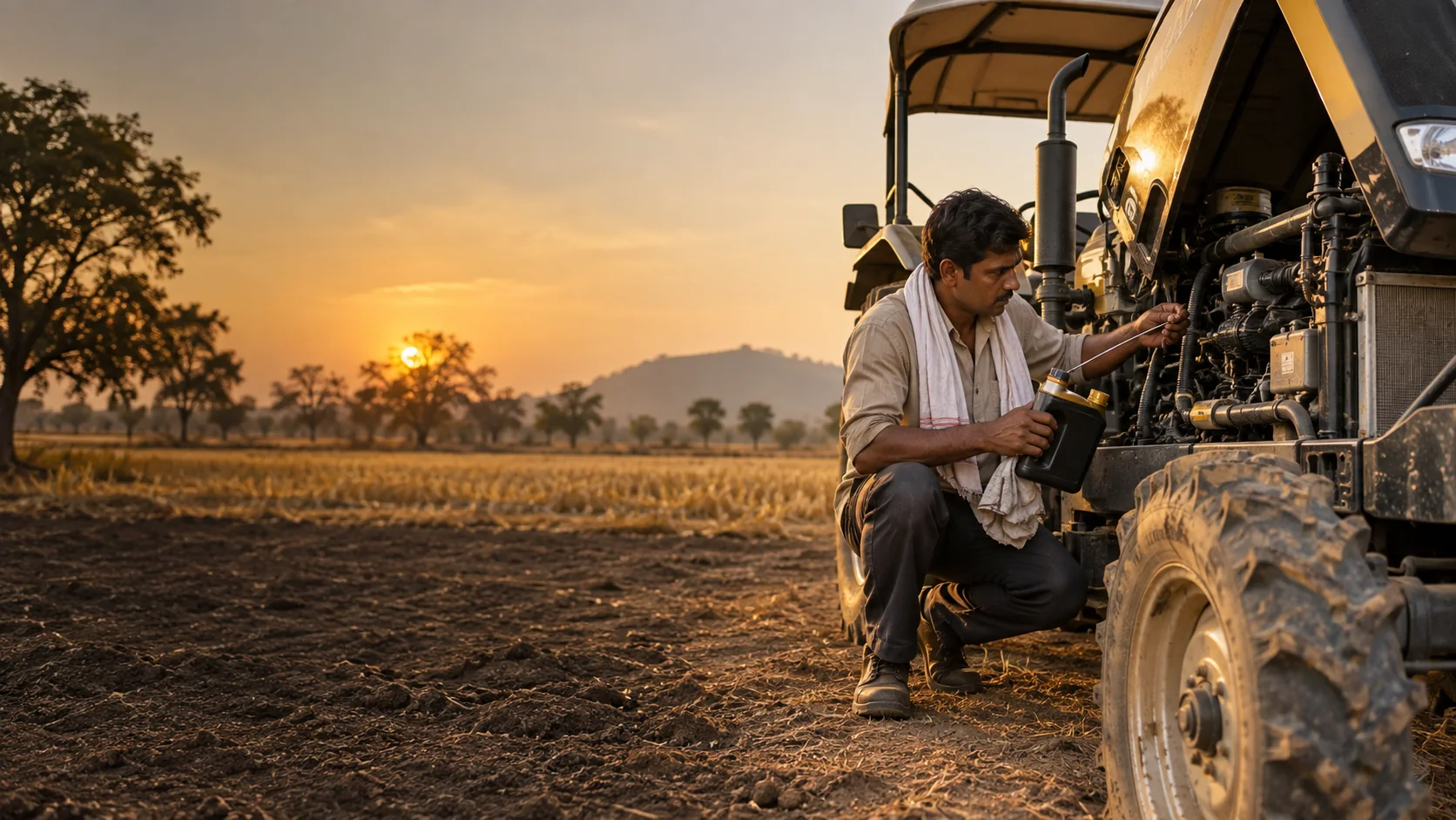 Farm operator checking tractor engine oil in a field